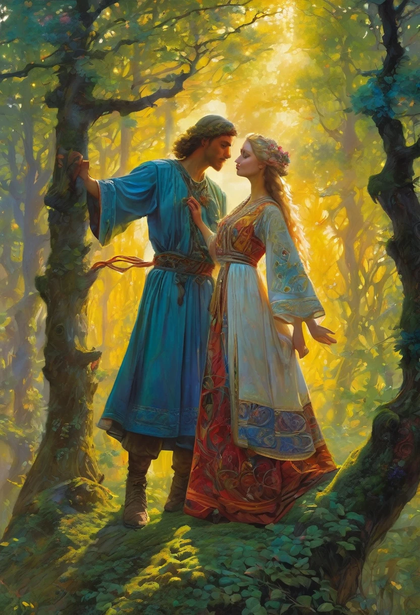 a painting of a man and woman in a forest with a tree, slavic folk fairytale, by Alexander Kucharsky, mucha and artem demura, michael whelan and karol bak, beautiful art, by Vladimir Novak, slavic mythology, by Vladimir Borovikovsky, josephine wall and pino daeni, by Andrei Ryabushkin