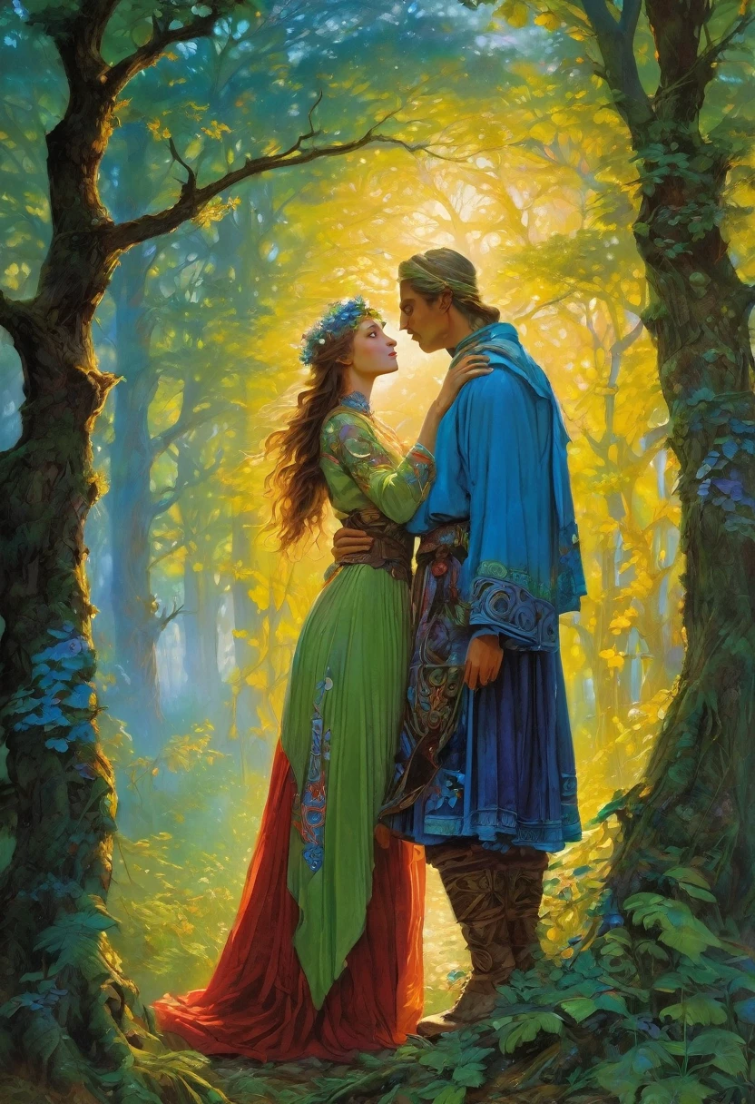 a painting of a man and woman in a forest with a tree, slavic folk fairytale, by Alexander Kucharsky, mucha and artem demura, michael whelan and karol bak, beautiful art, by Vladimir Novak, slavic mythology, by Vladimir Borovikovsky, josephine wall and pino daeni, by Andrei Ryabushkin