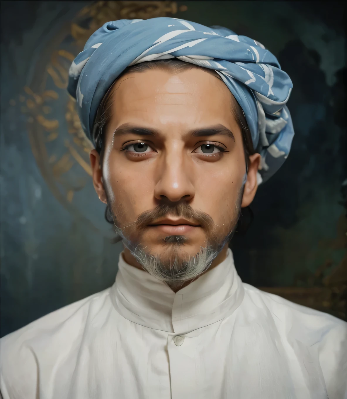 a man with a blue and white turban, intense gaze, beard, realistic art style, detailed facial features, dramatic lighting, cinematic composition, high quality, photorealistic, sharp focus, rich colors, dramatic shadows, digital painting, portrait
