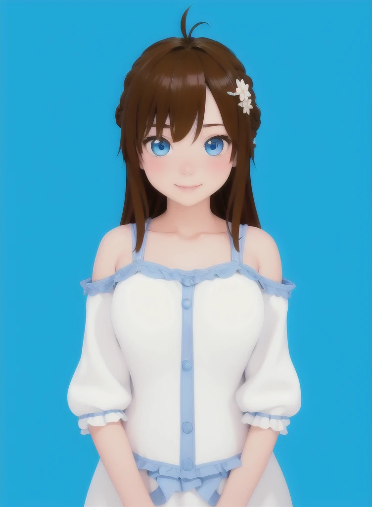 masterpiece, 1 girl, beautiful girl, smile, close up, detailed face, detailed eyes, detailed pupils, round pupils, blue eyes, brown hair, long hair, bangs, equal length bangs, small ahoge, bare shoulders, blush, medium breasts, white dress, frilly dress, looking at viewer, fantasy, european, castle in background, architecture, outdoors, best quality, high res, ultrasharp, high detail, sharp focus, dramatic, beautiful lighting, real life, intricate, caustics, subsurface scattering, reflections, (photorealistic:1.5), (ulzzang-6500:0.5), (RAW photo, 8k uhd, film grain)