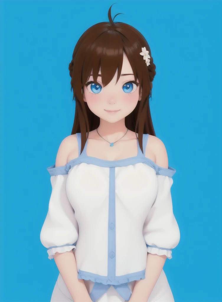 masterpiece, 1 girl, beautiful girl, smile, close up, detailed face, detailed eyes, detailed pupils, round pupils, blue eyes, brown hair, long hair, bangs, equal length bangs, small ahoge, bare shoulders, blush, medium breasts, white dress, frilly dress, looking at viewer, fantasy, european, castle in background, architecture, outdoors, best quality, high res, ultrasharp, high detail, sharp focus, dramatic, beautiful lighting, real life, intricate, caustics, subsurface scattering, reflections, (photorealistic:1.5), (ulzzang-6500:0.5), (RAW photo, 8k uhd, film grain)