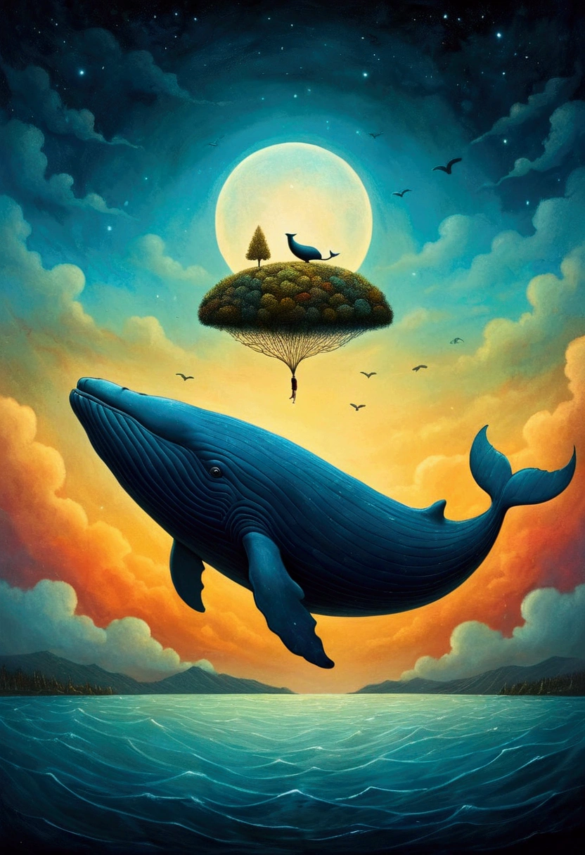 Flying Whale, sky, by Lisa_Frank, cinematic still, (best quality, masterpiece), very aesthetic, perfect composition, intricate details, ultra-detailed, vivid colors