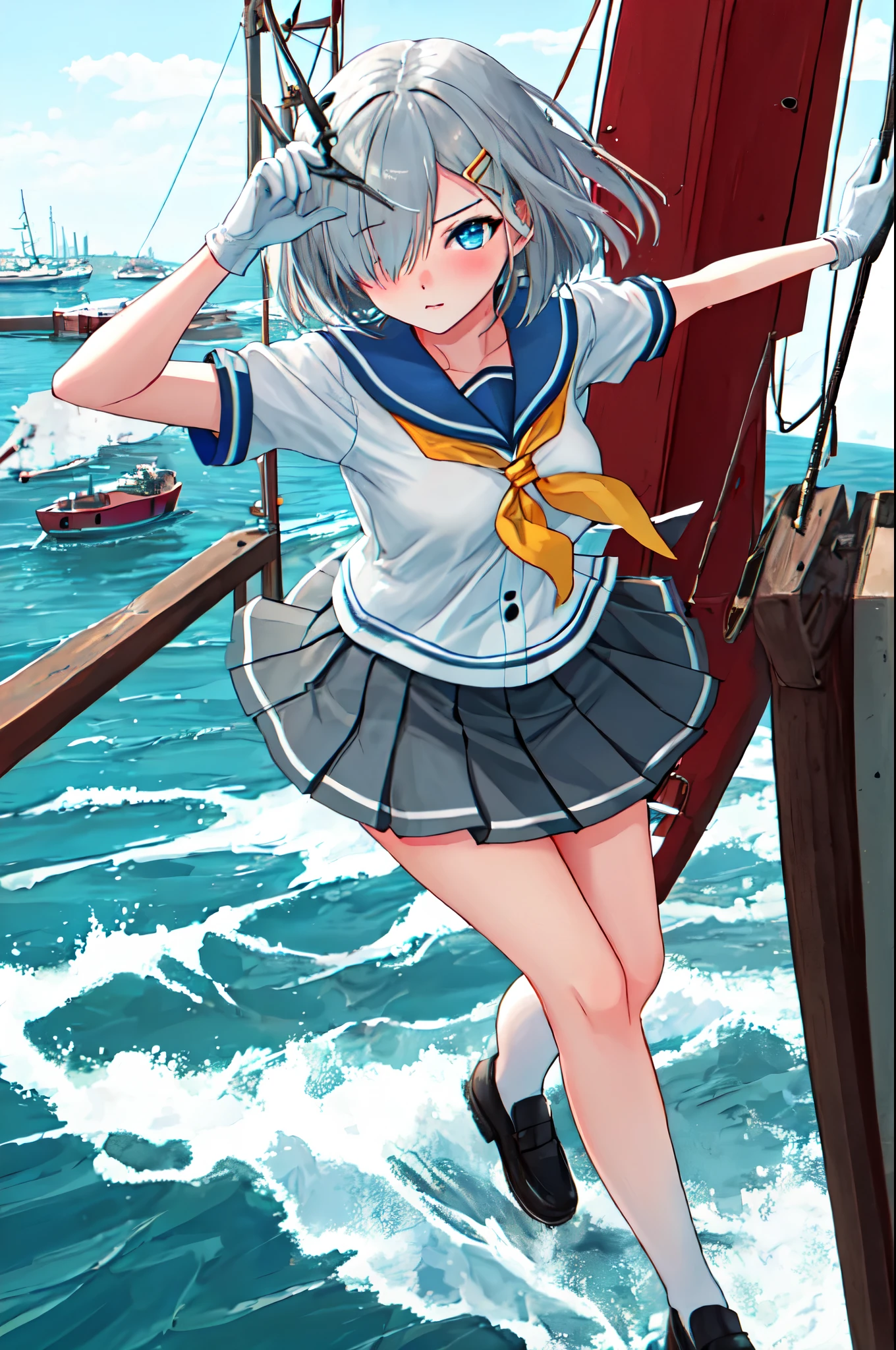 best quality, masterpiece, highres, solo, {hamakaze_kantaicollection:0.90}, 1girl, black_pantyhose, pleated_skirt, serafuku, short_sleeves, simple_background, white_background, yellow_neckerchief, white_gloves, looking_at_viewer, grey_skirt, blush, eyes_visible_through_hair, blue_sailor_collar, dynamic_posing,long_bangs,hair_over_one_eye,harbor_school_landscape_background,outdoor,