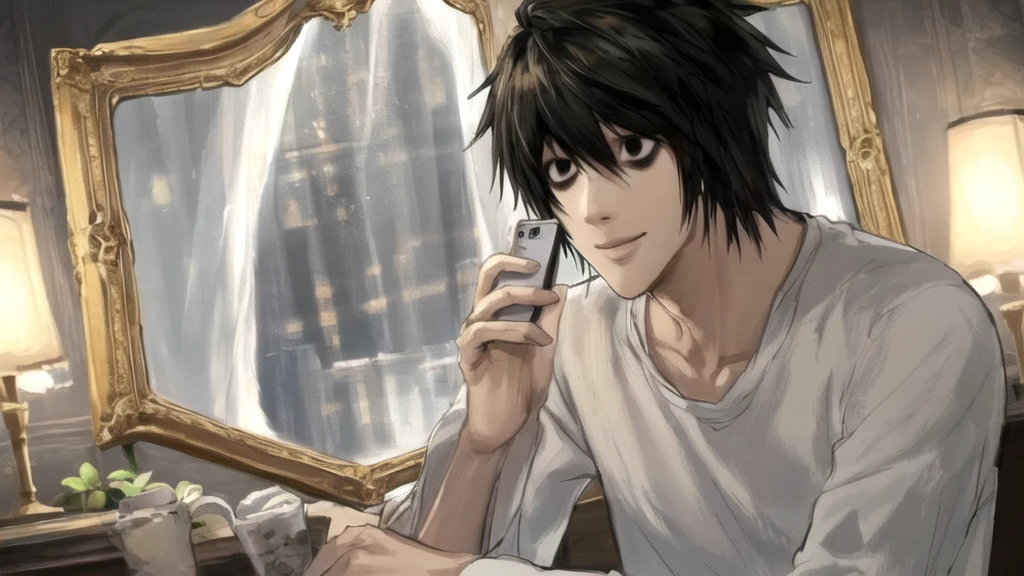 1 boy, man, perfect anatomy, mesmerizing black eyes, 8k resolution, (one person), (realism: 1.2), (masterpiece: 1.2), (cowboy frame: 1.2), dark romantic lighting, (high detail: 1.2), (detailed face: 1.2), (gradients), bright detailed eyes, (natural light: 1.2), solo, indoors, perfect lighting, perfect facial features, perfect angle, perfectly drawn eyes, man, smile, skinny, holds the phone in his hand