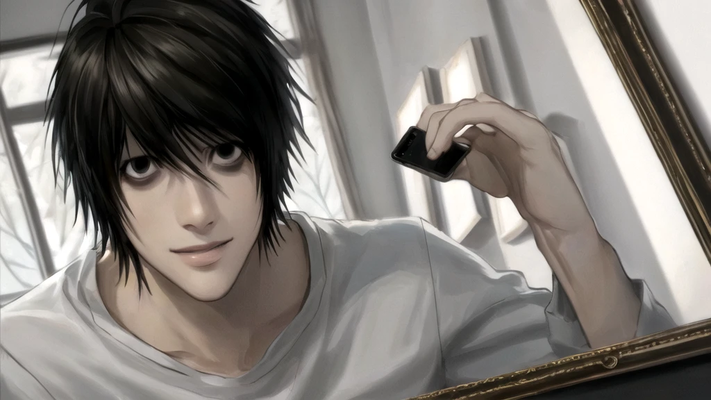 1 boy, man, perfect anatomy, mesmerizing black eyes, 8k resolution, (one person), (realism: 1.2), (masterpiece: 1.2), (cowboy frame: 1.2), dark romantic lighting, (high detail: 1.2), (detailed face: 1.2), (gradients), bright detailed eyes, (natural light: 1.2), solo, indoors, perfect lighting, perfect facial features, perfect angle, perfectly drawn eyes, man, smile, skinny, holds the phone in his hand