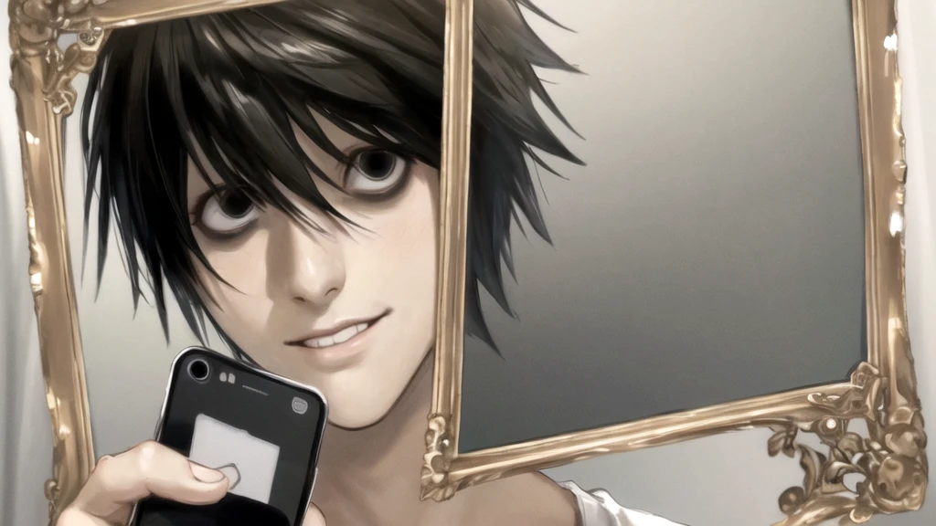 1 boy, man, perfect anatomy, mesmerizing black eyes, 8k resolution, (one person), (realism: 1.2), (masterpiece: 1.2), (cowboy frame: 1.2), dark romantic lighting, (high detail: 1.2), (detailed face: 1.2), (gradients), bright detailed eyes, (natural light: 1.2), solo, indoors, perfect lighting, perfect facial features, perfect angle, perfectly drawn eyes, man, smile, skinny, holds the phone in his hand