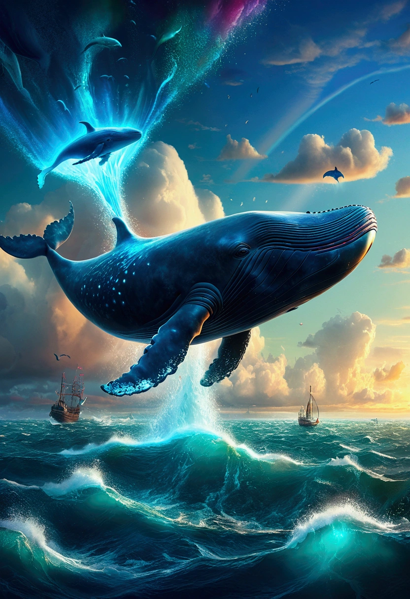 Flying Whale, sky, by Lisa_Frank, cinematic still, (best quality, masterpiece), very aesthetic, perfect composition, intricate details, ultra-detailed, vivid colors