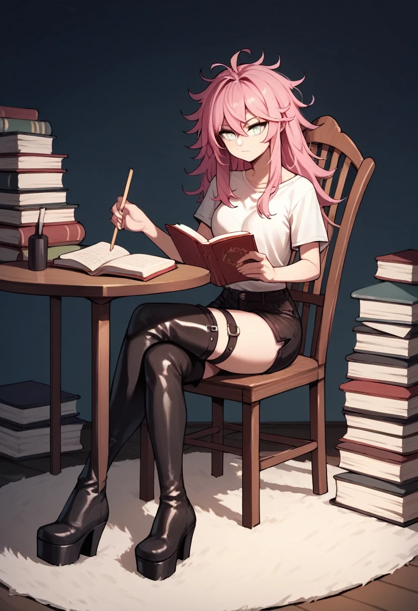 score_9, score_8_up, score_7_up, score_6_up, score_5_up, score_4_up, source_anime, 1girl, sit, headphones, pink hair, long hair, big breasts, green eyes, smile, messy hair, reading books, wardrobe, crossed legs, white shirt, skirt, black thigh high boots, heels, day, dungeon, best quality, best res, 4K UHD,