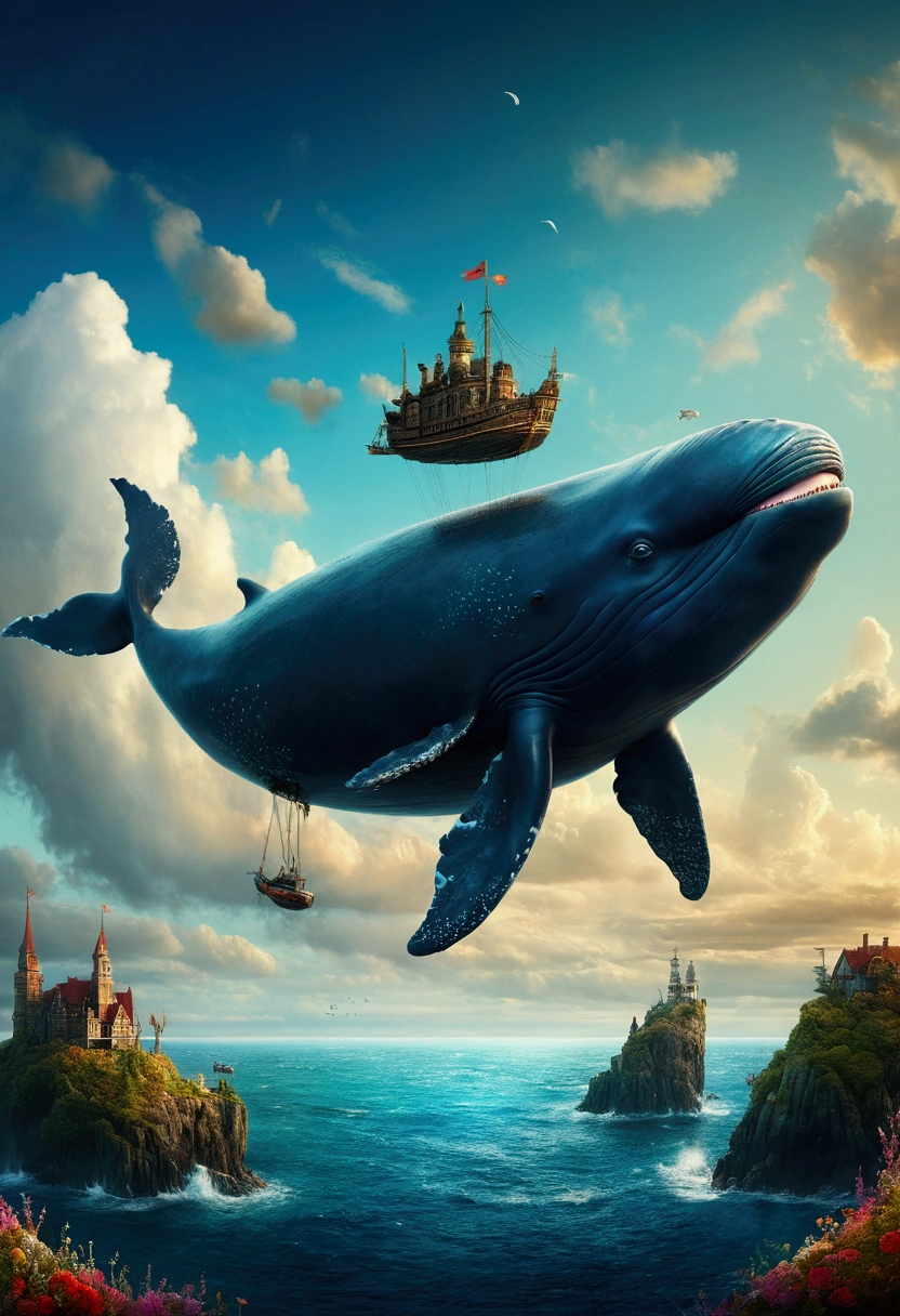 Flying Whale, sky, by Lisa_Frank, cinematic still, (best quality, masterpiece), very aesthetic, perfect composition, intricate details, ultra-detailed, vivid colors