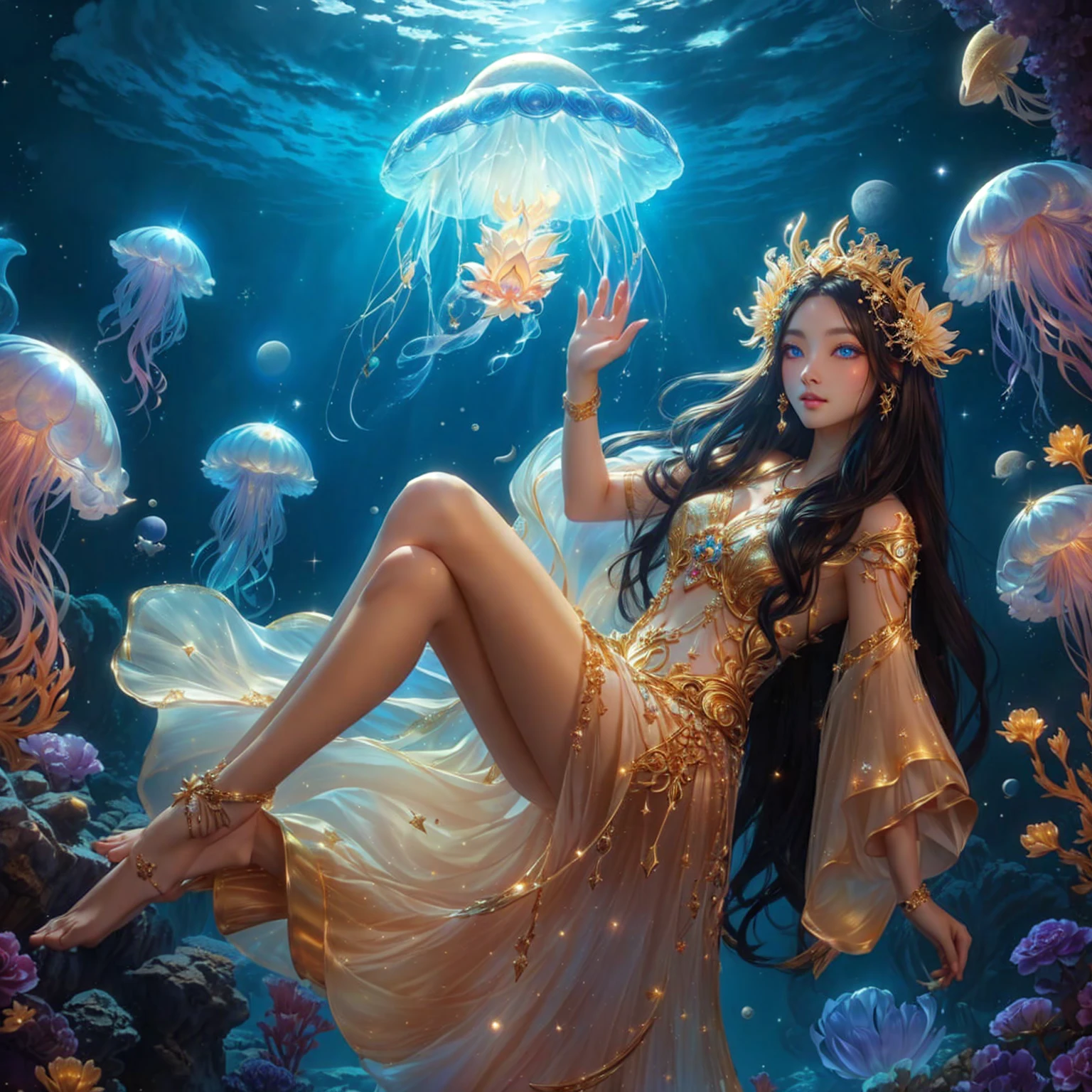 woman , sea blue eyes , pink mouth ,Dressed in gold, standing in front of a crescent moon., goddess of heaven, goddess of the moon, anime goddess, beautiful heavenly mage, lunar goddess, Moon Goddess, Golden Lotus Princess, Goddess of the Galaxy, Beautiful Fantasy Empress, ((Beautiful Fantasy Empress)), Goddess and Moon, As the sun goddess,, Goddess of space and time , , Fine gold jewelry