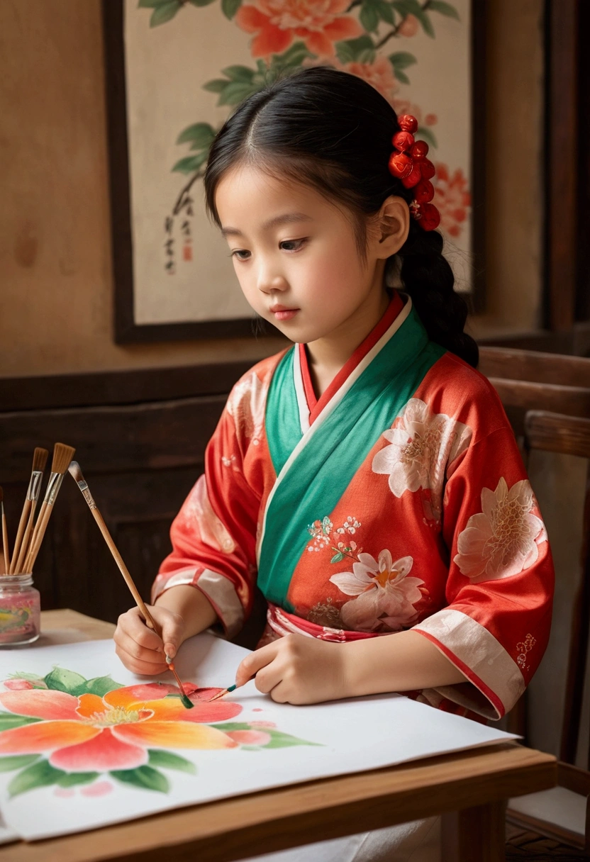 The little oriental girl is painting a warm family atmosphere. Picture size 16:9