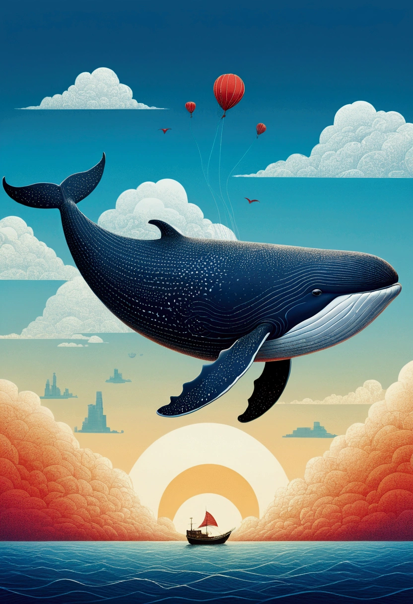 Flying Whale, sky, by Lisa_Frank, cinematic still, (best quality, masterpiece), very aesthetic, perfect composition, intricate details, ultra-detailed, vivid colors