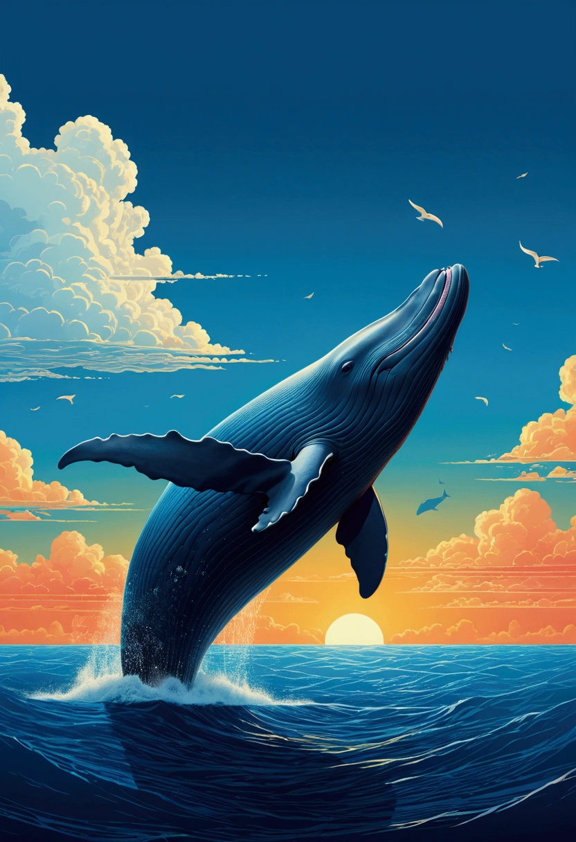 Flying Whale, sky, by Lisa_Frank, cinematic still, (best quality, masterpiece), very aesthetic, perfect composition, intricate details, ultra-detailed, vivid colors