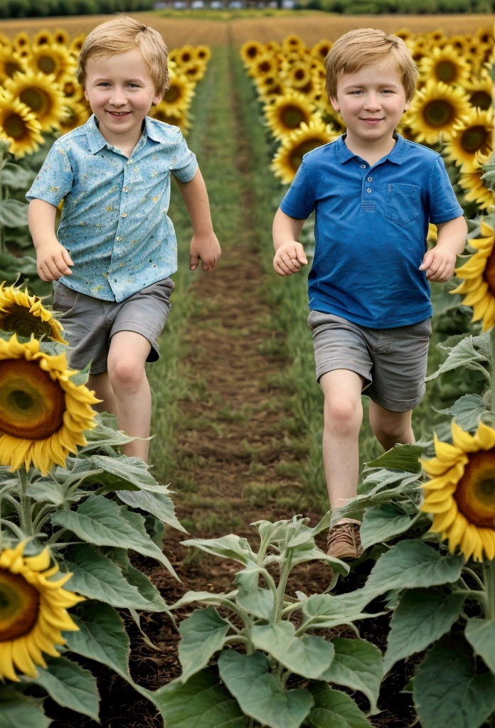 Two  boys running through a field of sunflowers, oil painting, style of van gogh