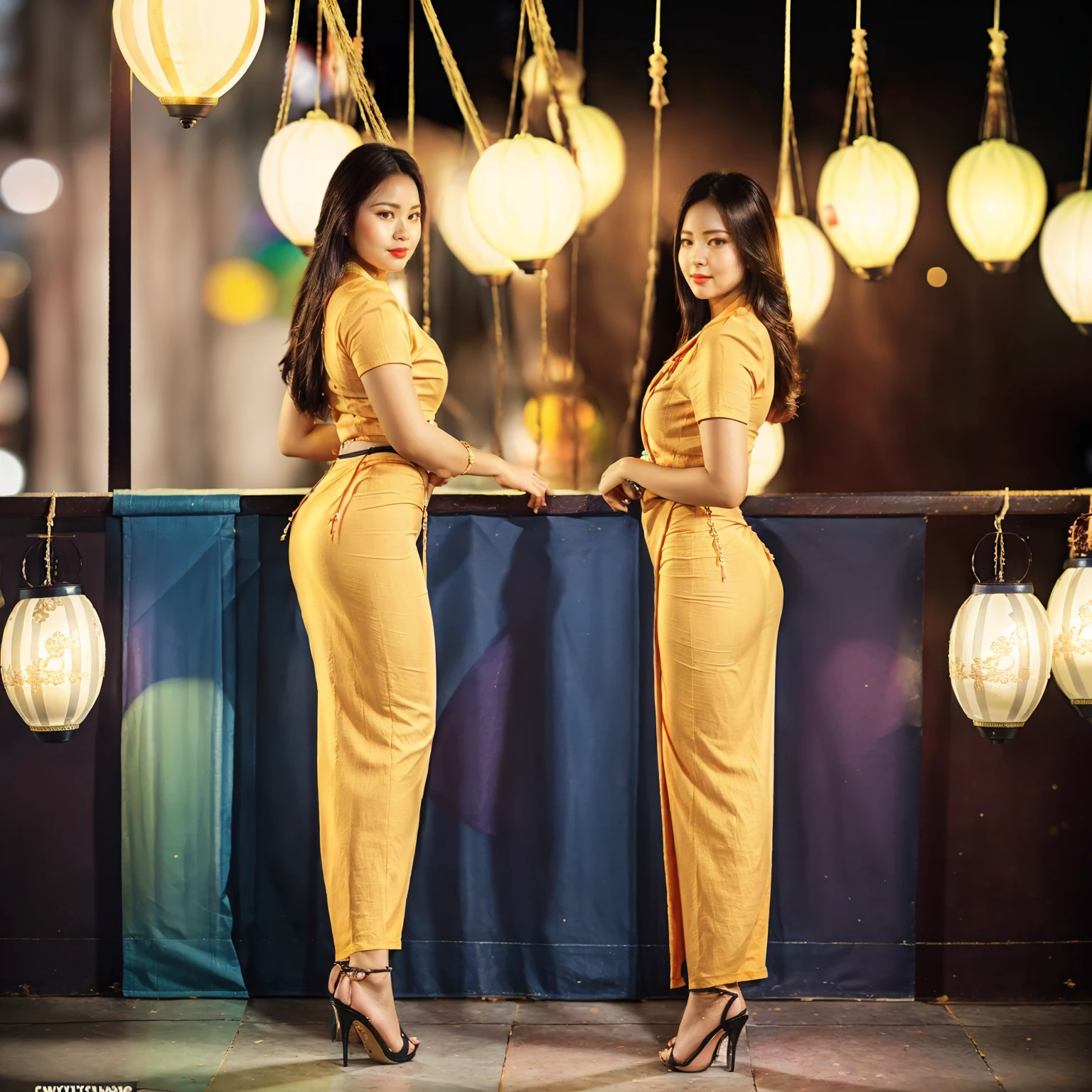 Burmese beautiful woman, pretty lady MoonLay, (1 girl), (solo), innocent cute smile, red lips, arafed woman sitting on a stool in a yellow dress, portrait of modern darna, smooth face skin, traditional beauty, cinematic portrait glow lighting, traditional dress, (white shirt:1.3), (red skirt:1.3), high heel, (full body view:2), (back view), (lift up waist), (folded arms at the back), ((slightly rounded, accentuated )), (background vibrant colorful hanging laterns:1.5), (cinematic bokeh blur background:1.5), cinematic lighting, (accurate female ),