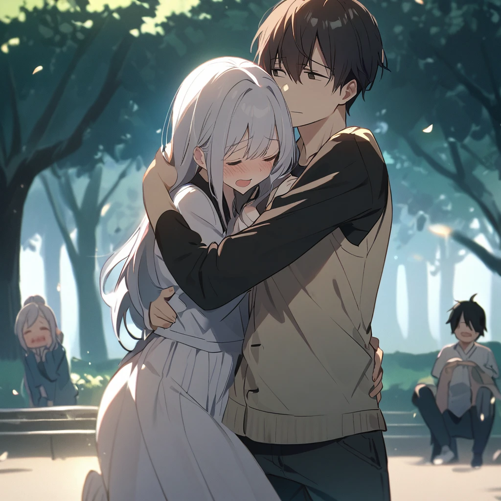 a couple boy and girls meet last time and woak in park and say last goodbye they are very sad, emotion , new was girl starting carry