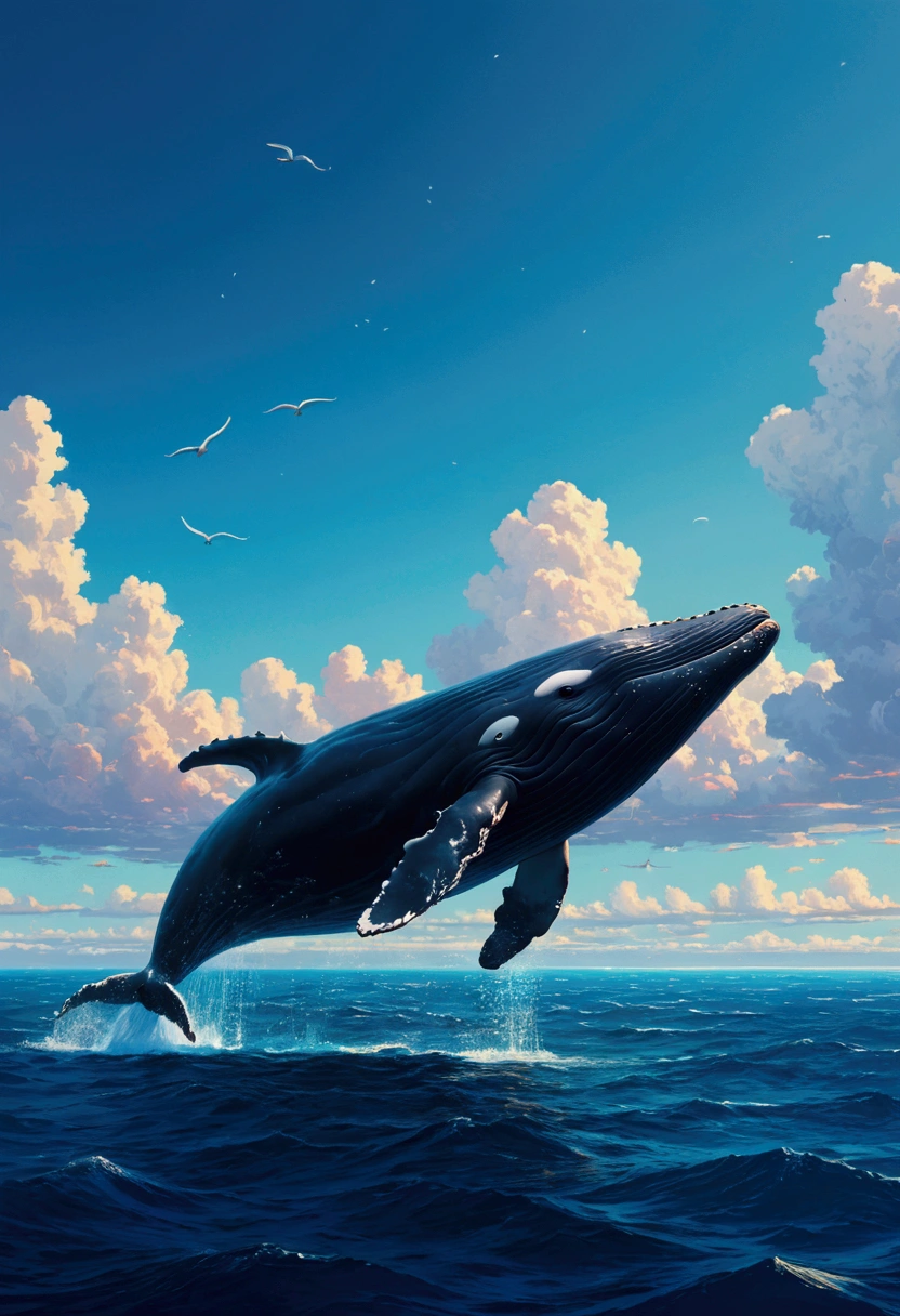 Flying Whale, sky, by Lisa_Frank, cinematic still, (best quality, masterpiece), very aesthetic, perfect composition, intricate details, ultra-detailed, vivid colors