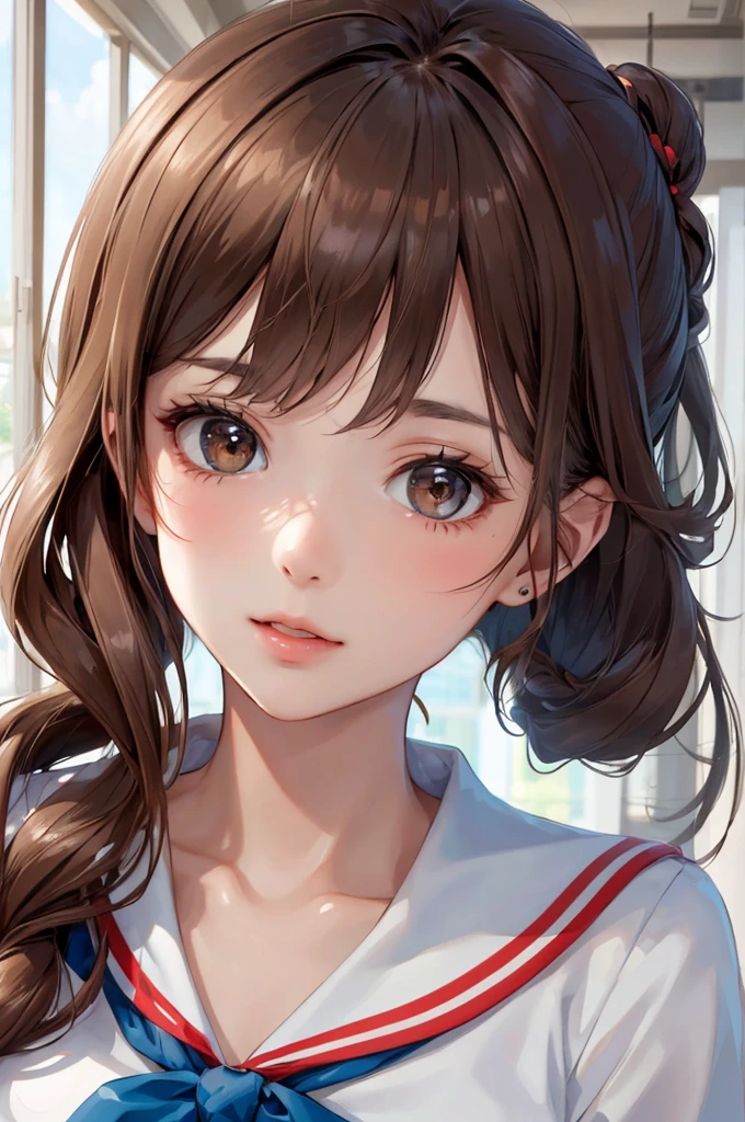 (Best Quality,High resolution,8k,finelity detailed background,Masterpiece:1.2),beautiful girl,Shiny brown hair,pony taill,Beautiful brown eyes,Best quality,Aesthetic and aesthetic:1.2,Best details((Super detailed))(High-definition CG illustrations),Sailor suit,Summer clothes,cute,cute,Looking up,blush,School,Schoolyard,super model