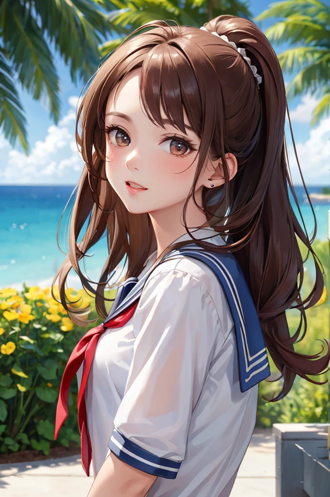 (Best Quality,High resolution,8k,finelity detailed background,Masterpiece:1.2),beautiful girl,Shiny brown hair,pony taill,Beautiful brown eyes,Best quality,Aesthetic and aesthetic:1.2,Best details((Super detailed))(High-definition CG illustrations),Sailor suit,Summer clothes,cute,cute,Looking up,blush,School,Schoolyard,super model