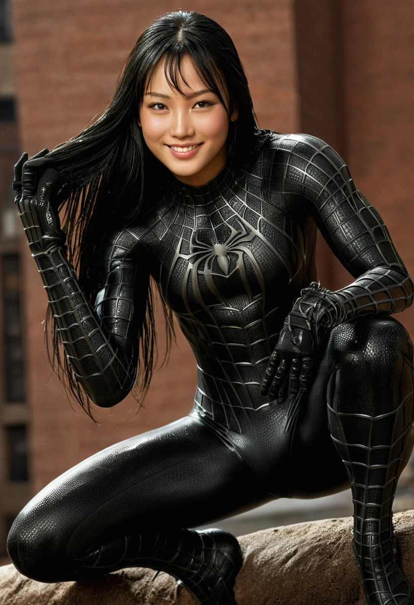 score_9, score_8_up, score_7_up, best quality, realistic, masterpiece, beautiful detail, hyperrealistic, (1girl, woman body, smile, black hair), big breasts:1, amazing detailed full body portrait of a beautiful japanese girl, defined muscle girl, wearing a realistic and highly detailed black raimi spider-man suit, ((huge muscular girl)), professional model wears ultra - detailed black raimi spider - man suit, ultra - detailed and grained black raimi spiderman suit, suit covered entire body and hand, black spiderman gloves, wet, (hand holding hair, sitting), (full body), (dirty skin), close up, octane render, highly detailed, volumetric, dramatic lighting, (highest quality:1.1), (HDR:1.3), (top quality, best quality), realistic, high definition,
