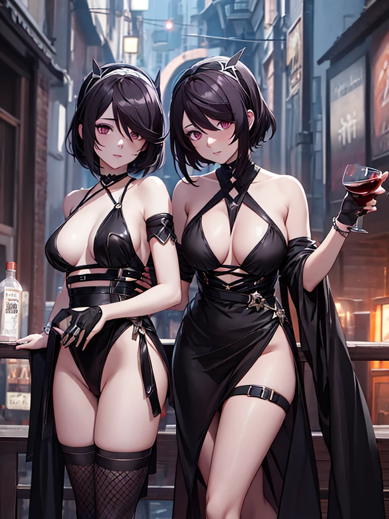 Rosaria from Genshin impact game, 1woman, wearing a stylish black colour short party frock, at a night party, short hair style, pale skin, 8k, high detailed, high quality, full body