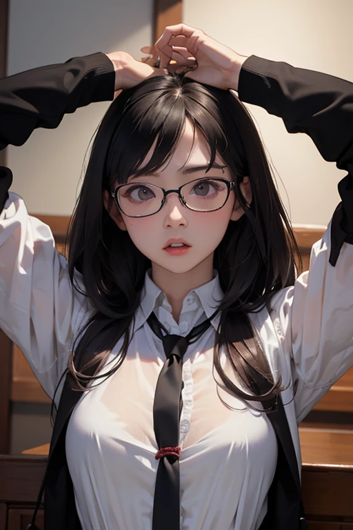 Highest quality、masterpiece、High sensitivity、High resolution、Detailed Description、Slender women、Glasses、The body is tied up、Frightened expression、