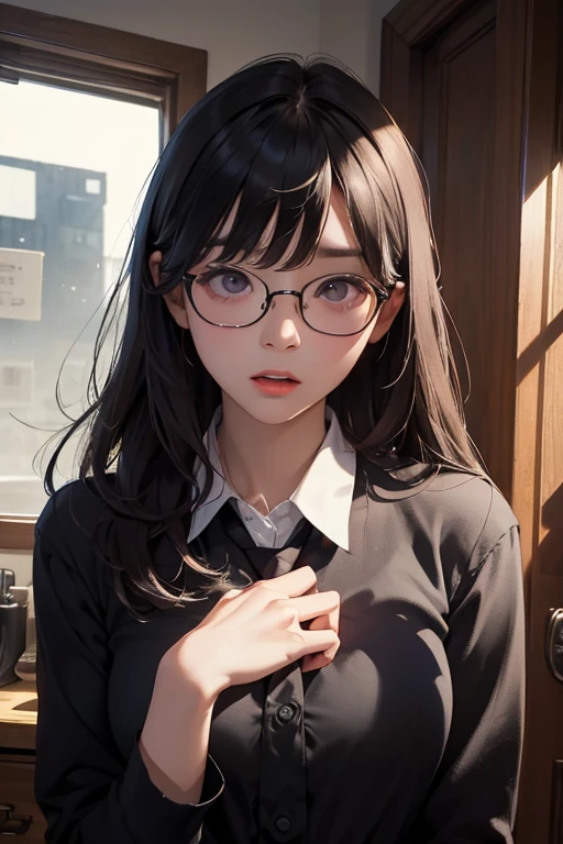 Highest quality、masterpiece、High sensitivity、High resolution、Detailed Description、Slender women、Glasses、The body is tied up、Frightened expression、