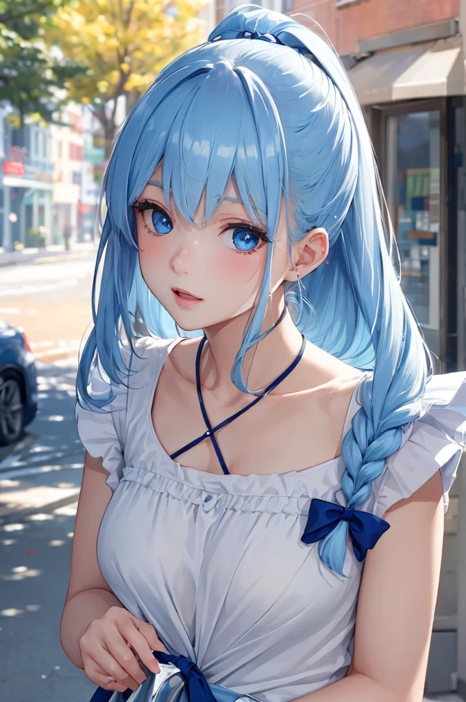 (8K, raw-photo, best qualityer, Masterpiece artwork:1.2), (details Intricate), perfects eyes, face perfect, perfect lighting, comely, (Masterpiece artwork:1.2), (best qualityer:1.2), 1 girl, standing alone, marinette, blue-haired, long and loose hair, adult torso, 17 yr old, slightly-smile, medium sized breasts, white sleeveless shirt, pink training pants