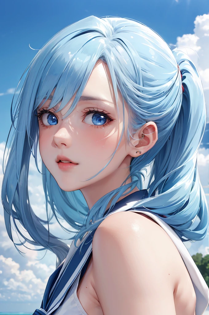 8K,Close up portrait of woman in blue and white dress,blue hair, Super beautiful,(Like the real thing)blue eyes,ponytail,Chenwei Pan On Art Station、 By Jan J.、 detailed fantasy art、great character art、 fan art best art station、 amazing exquisite character art、highly detailed art germ、 Detailed Digital Animation Art、 ArtStation Pixiv の Artgerm、 girl wearing blue and white clothes,dynamic angle,Super high resolution,laughter,skin that looks real,attractive,Sexy,Active,
