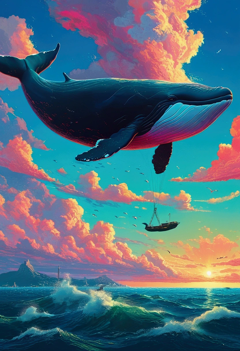 Flying Whale, sky, by Lisa_Frank, cinematic still, (best quality, masterpiece), very aesthetic, perfect composition, intricate details, ultra-detailed, vivid colors