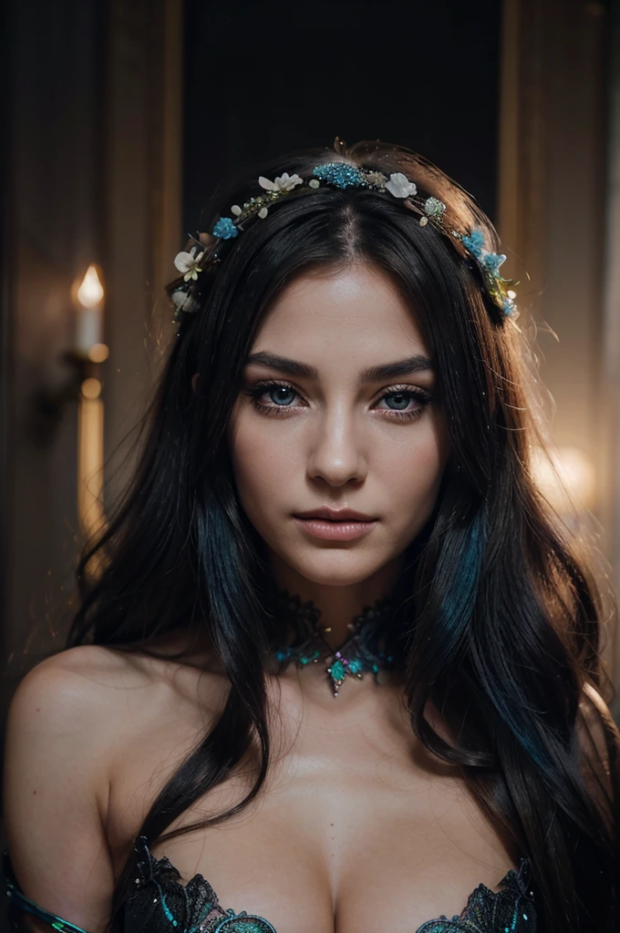A girl with long blue hair. Her face is exquisite, with high cheekbones and smooth fair skin. Her large black eyes, framed by long thick eyelashes, are impressive and expressive, radiating calmness and confidence. Well-defined eyebrows curve gracefully above her eyes, adding intensity to her gaze. She has a small, straight nose and full, slightly parted lips that curve into a slight smile, revealing hints of mischief and allure. Her sharp, well-defined jawline gives her face a refined and elegant appearance. Photorealism of a fairy with large, detailed wings with a net-like structure and an iridescent sheen, giving them an almost holographic appearance. Her hair is styled with flowers and crystal embellishments which add to her ethereal beauty. The dark, foggy background gives the feeling of a mysterious or enchanted realm, enhancing the fairy's otherworldly presence. The overall atmosphere is one of dark fantasy and delicate beauty.