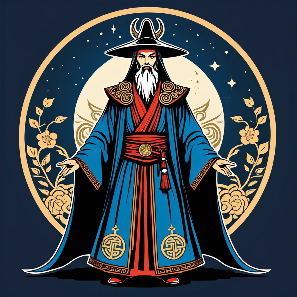 japanese warlock in greek folk outfit, vector graphics, strong contours, logo design