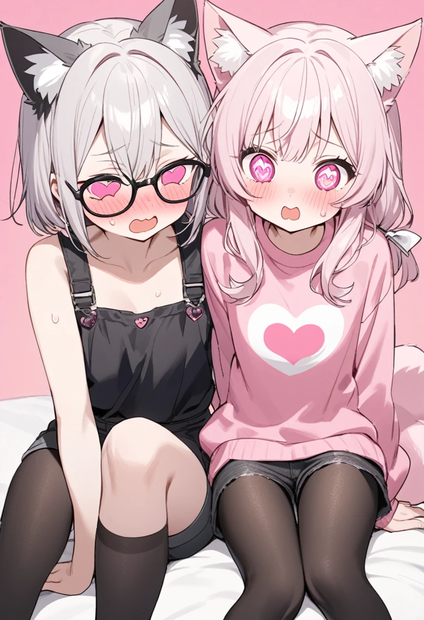 The twin brothers have white pink hair, cat ears, a bow, their faces are super blushing, black glasses, pink heart eyes, large pink sweatshirts, short black jean shorts, black tights, white shoes. a cat&#39;s tail a very shy girl stuck to a wall with her butt