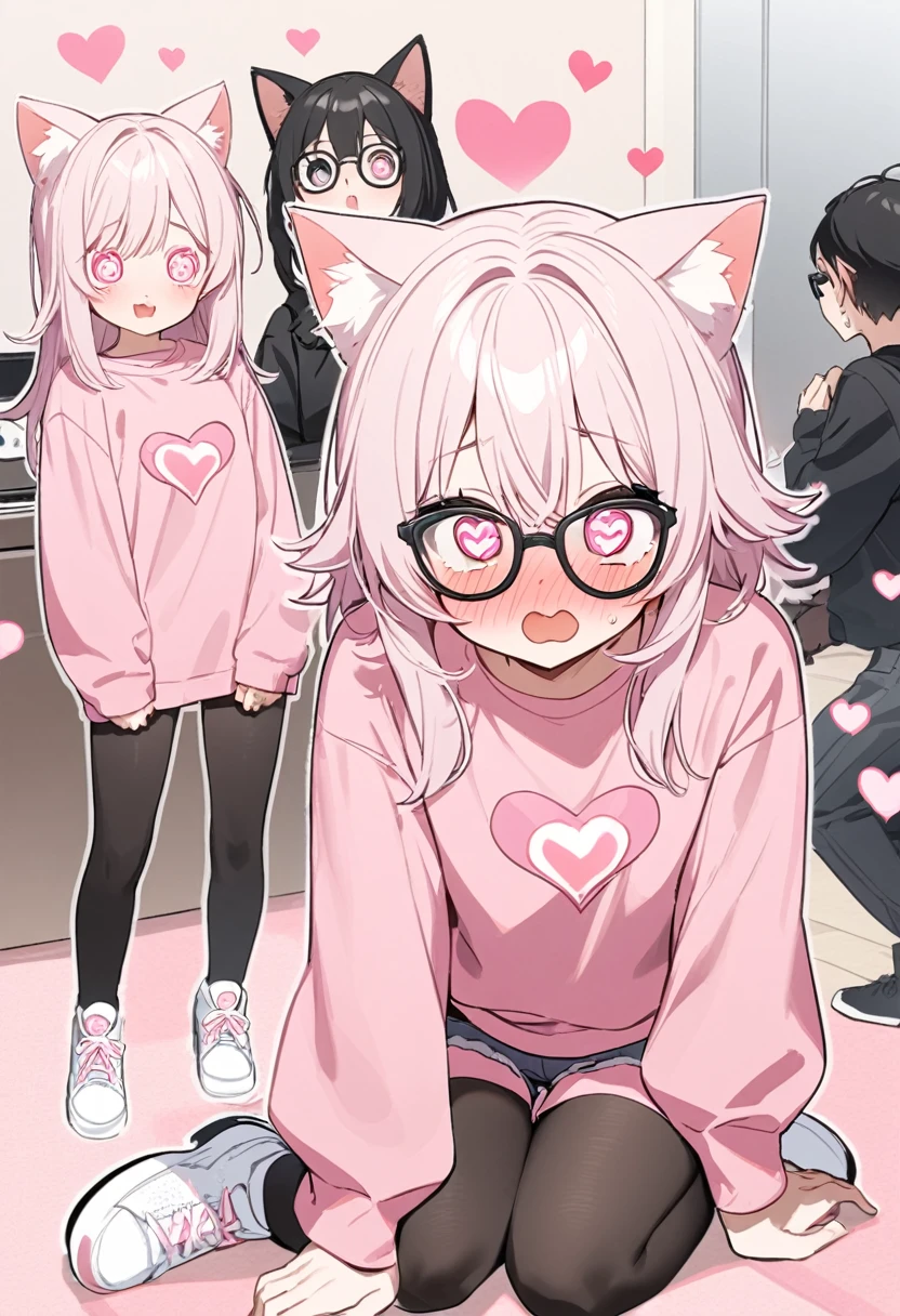 The twin brothers have white pink hair, cat ears, a bow, their faces are super blushing, black glasses, pink heart eyes, large pink sweatshirts, short black jean shorts, black tights, white shoes. a cat's tail a very shy girl stuck to a wall with her butt