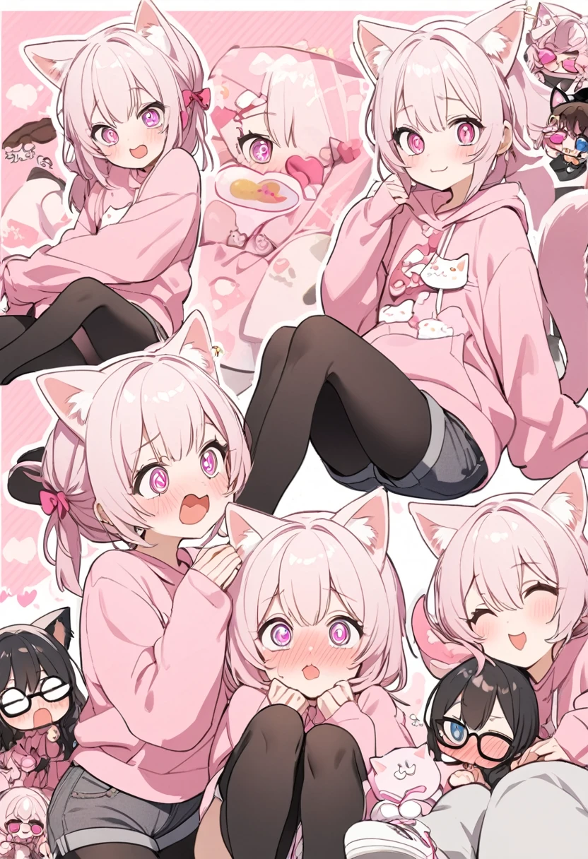 The twin brothers have white pink hair, cat ears, a bow, their faces are super blushing, black glasses, pink heart eyes, large pink sweatshirts, short black jean shorts, black tights, white shoes. a cat's tail a very shy girl stuck to a wall with her butt