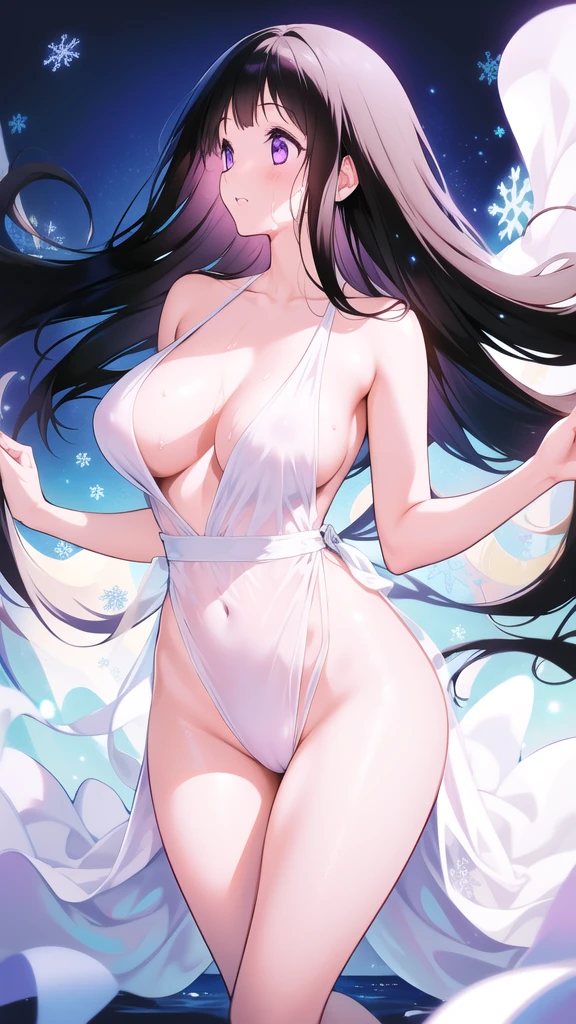 Chitanda,只有一个beautiful girl,Purple Eyes, Black Hair, Natural straight hair, Straight bangs,Extremely refined,open your lips,Face is so red,Very white skin,Skin as delicate as porcelain,Glowing skin,big eyes,Flowing long hair,beautiful girl, Like a dream,Slim,Slim waist,Soft, (Sensual), (Kawaii), Dream quality,Sweaty and sweaty,Wet skin,Side breasts,snowflake,Playing in the snow on the snow mountain,Looking up,Looking up,Thighs clamp hands,It's covered in water,Hands reach into your pants,White transparent dress,Profile,(Completely naked),Gluteal groove,The outline of the breasts is visible through clothing,Completely naked的背部,nacked hip,very close,Deep V neckline,Loose neckline,Beautiful big breasts,No pants,nopan,no pants,Bare shoulders,There are no shoulder straps,Exposed collarbone,Delicate clavicle,Delicate hands and feet,Bare neck,There are no clothes around the neck,Bare thighs,Exposed groin,Camel toe,extremely shy,Ultra-high resolution, (masterpiece:1.2, best quality), (Delicate and beautiful eyes: 1.2), (Beautiful and delicate face)