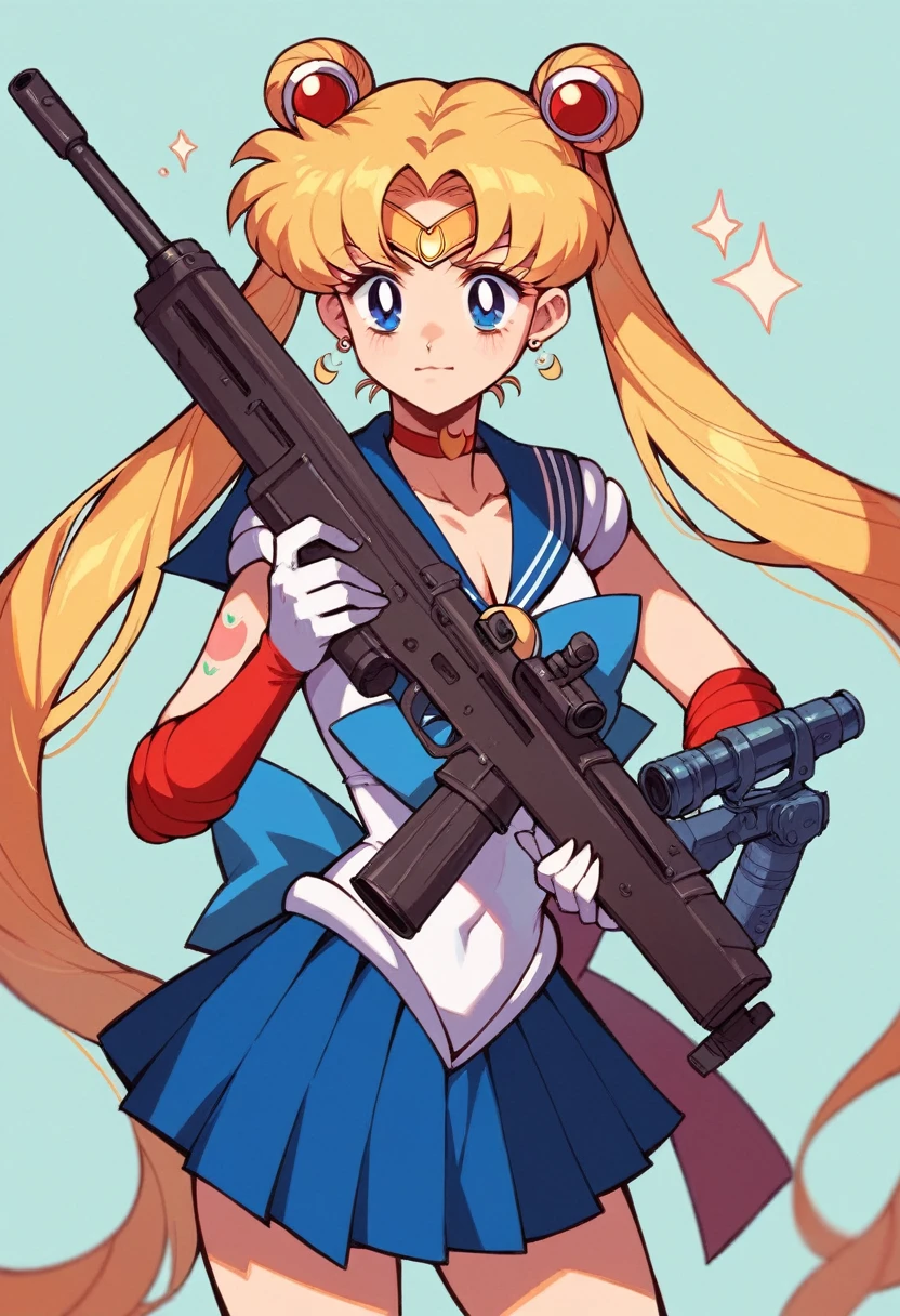 Tsukino Usagi, sailor moon,  with tattoos, and holding a machine gun