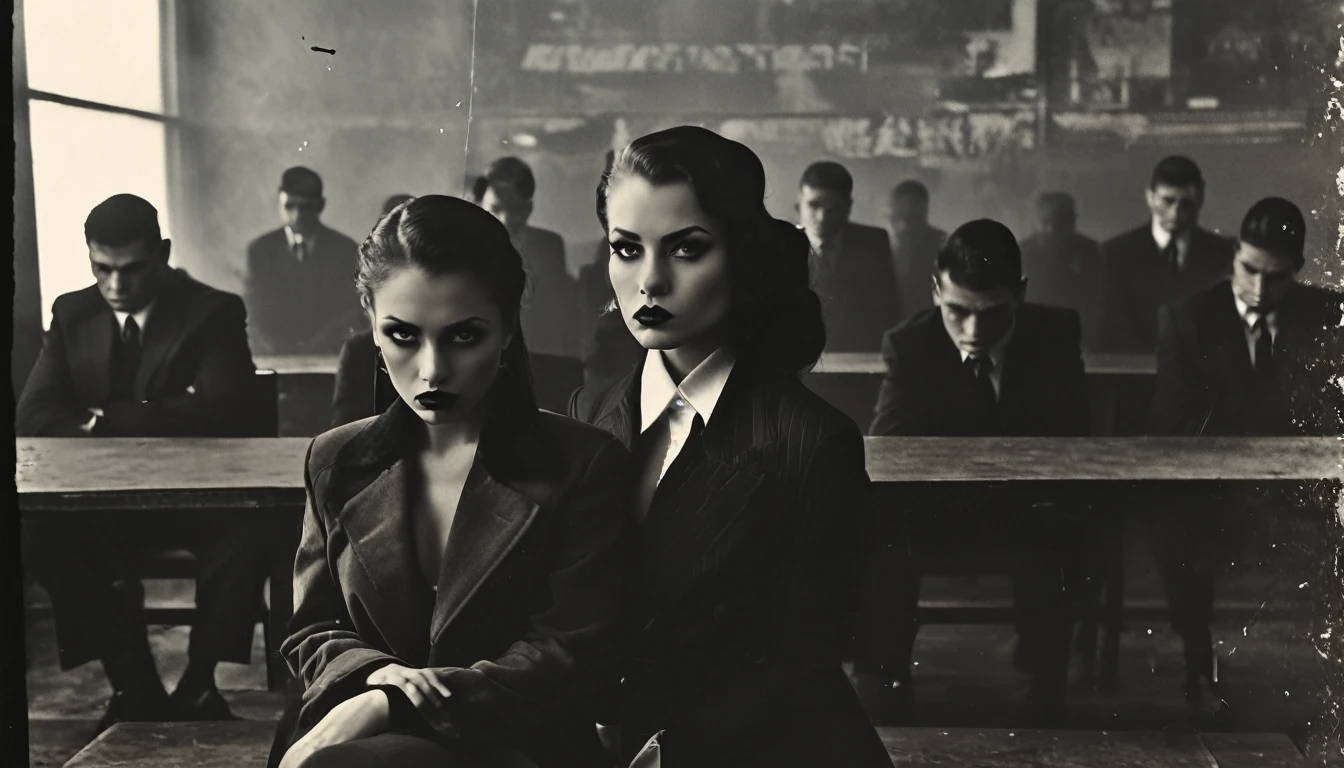 One Mastermind young lady, sitting on chair. a lots of fierce gangster bodyguards standing behind