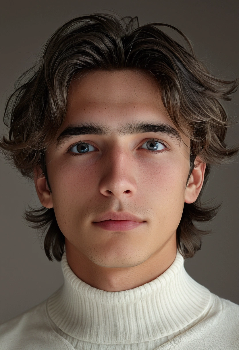 (best quality,4k,8k,highres,masterpiece:1.2),ultra-detailed,realistic,portrait,beautiful young man of ,black disheveled hair,black eyes,long eyelashes,cute face,white turtleneck