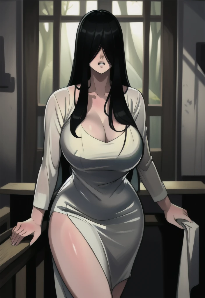 ((masterpiece)), (best quality), (absurdists), black hair, yamamura_sadako, white dress, (grey skin), hair over eyes, eyes covered, looking at the viewer very sexual in the dark forest super realistic and well detailed