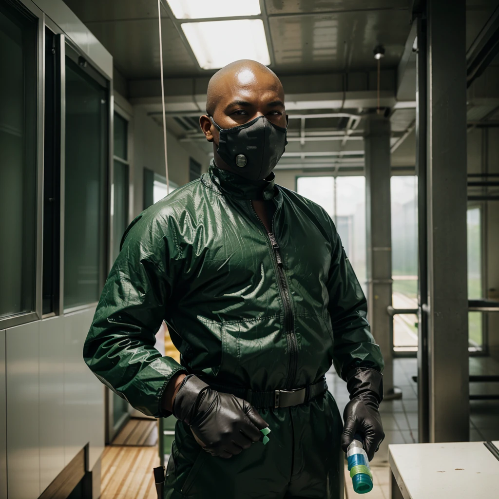 A middle-aged Black man with a shaved head, wearing a green protective suit, mask, and gloves, holding a spraying device and disinfecting a metal shutter. High-resolution, photorealistic, background: 100% white