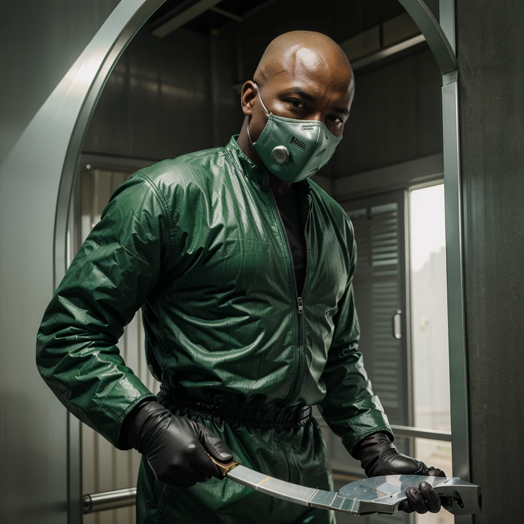 A middle-aged Black man with a shaved head, wearing a green protective suit, mask, and gloves, holding a spraying device and disinfecting a metal shutter. High-resolution, photorealistic, background: 100% white