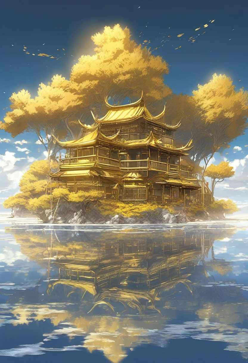 Golden Salt Flat, An Endless Golden colored metallic salt flat with small rafts floating within, Silver and Golden color scheme only, Silver and Golden colors only, Silver and Gold, Made in Abyss, Stormlight Archive, Studio Ghibli, Anime Key Visual, by Makoto Shinkai, Deep Color, Intricate, 8k resolution concept art, Natural Lighting, Beautiful Composition, Xianxia style