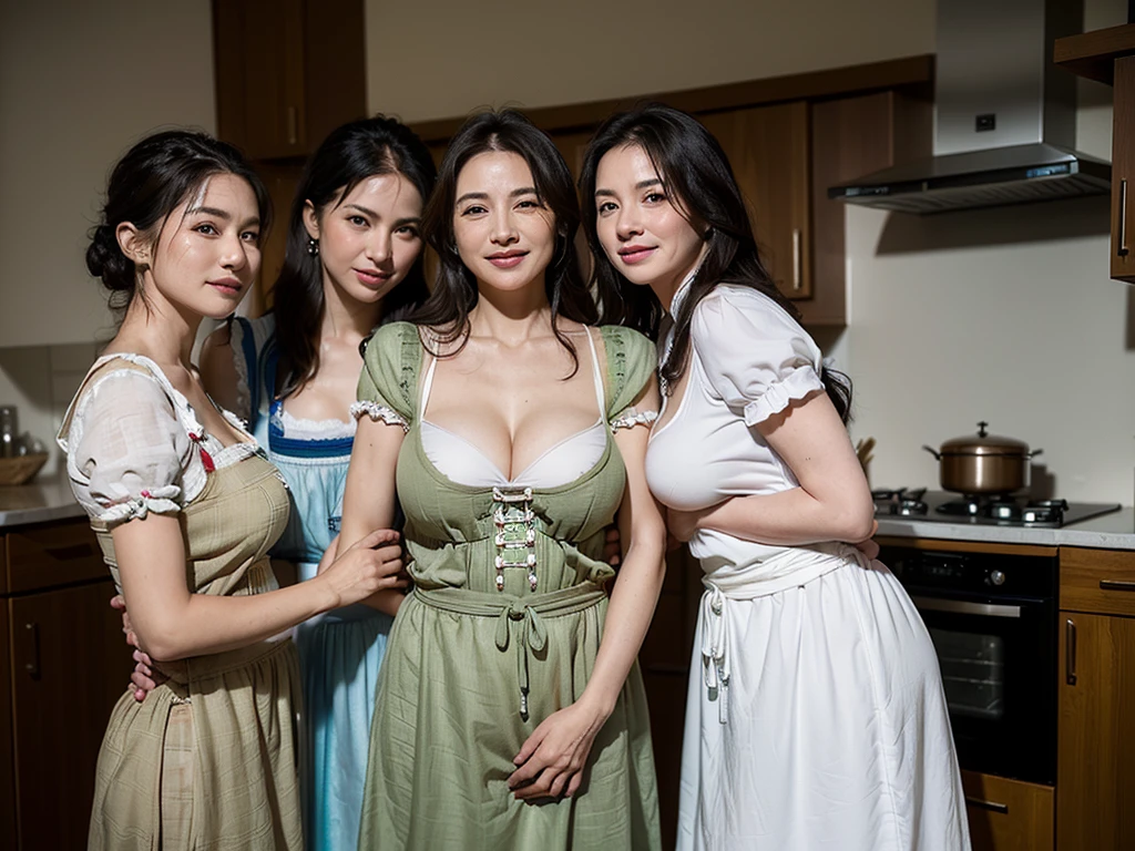 (masterpiece:1.4),(50-year-old female:1.5),(facial wrinkles 1.2), (Long Hair : 1),(Three Women : 1),  Side angle、A kind smile,Maternal, Mature Woman, (Wearing a dirndl : 1.3), (Large Breasts: 1.2), 非常にLarge Breasts、Acne, Skin blemishes, spot,(Plump arms : 1.3), kitchen