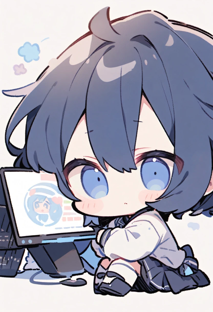 Dark blue hair, chibi, with a computer