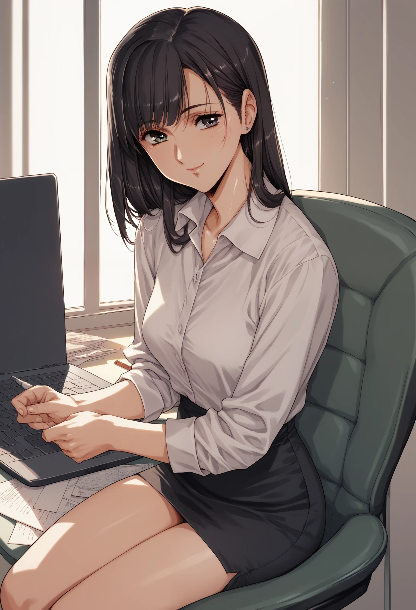 Shoulder-length hair　Black Hair　Office Lady　Using a laptop　Office Woman　Anime Style　smile　