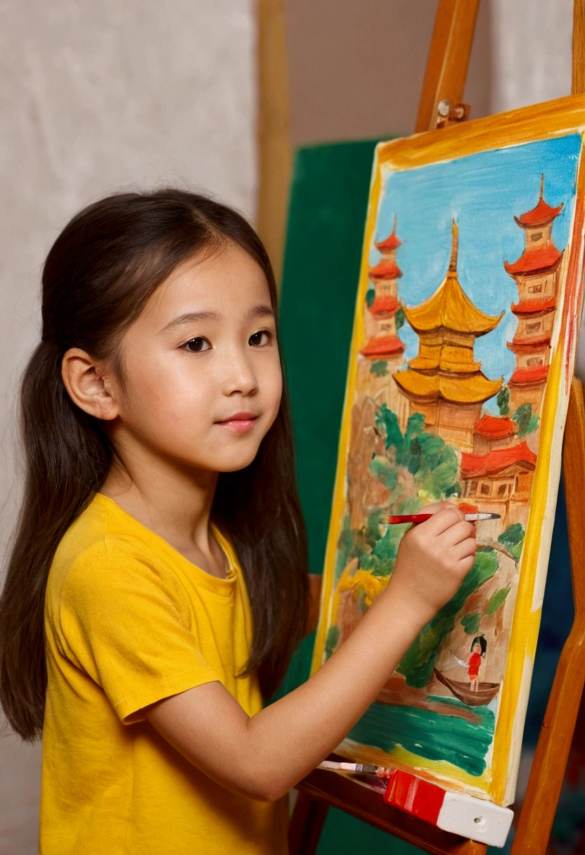 The with an oriental face is painting a warm picture of a family