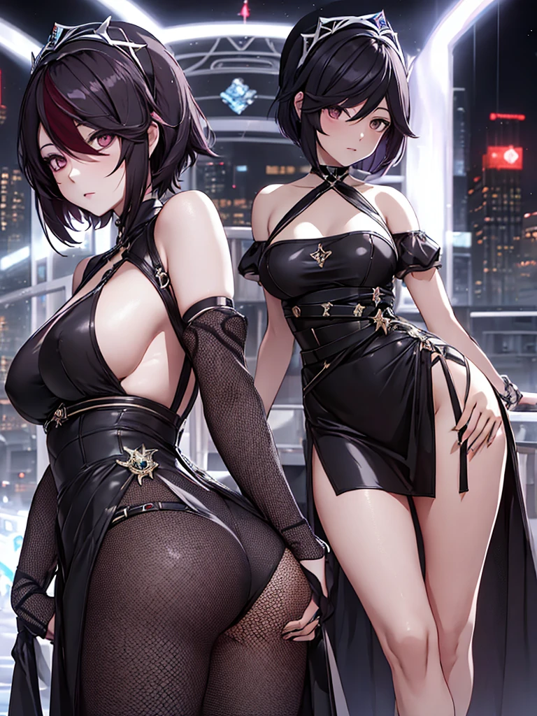 1Rosaria from Genshin impact game, 1woman, wearing a stylish black colour short party frock, at a night party, short hair style, pale skin, 8k, high detailed, high quality, full body, only one person