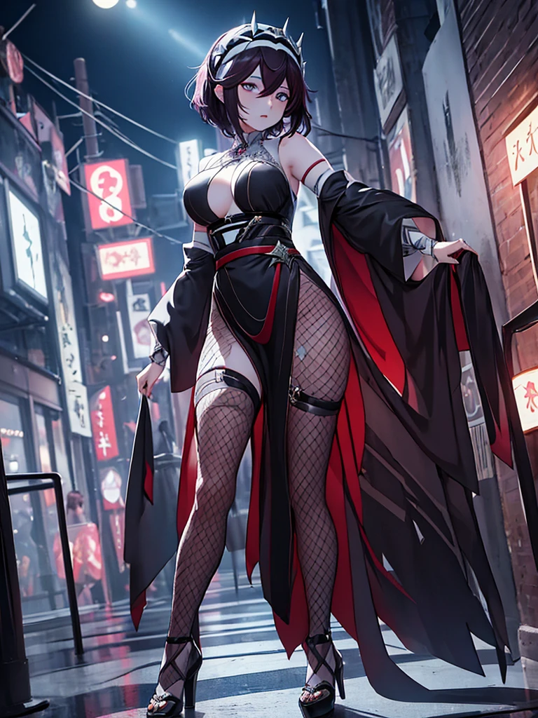 1Rosaria from Genshin impact game, 1woman, wearing a stylish black colour short party frock, at a night party, short hair style, pale skin, 8k, high detailed, high quality, full body, only one person 