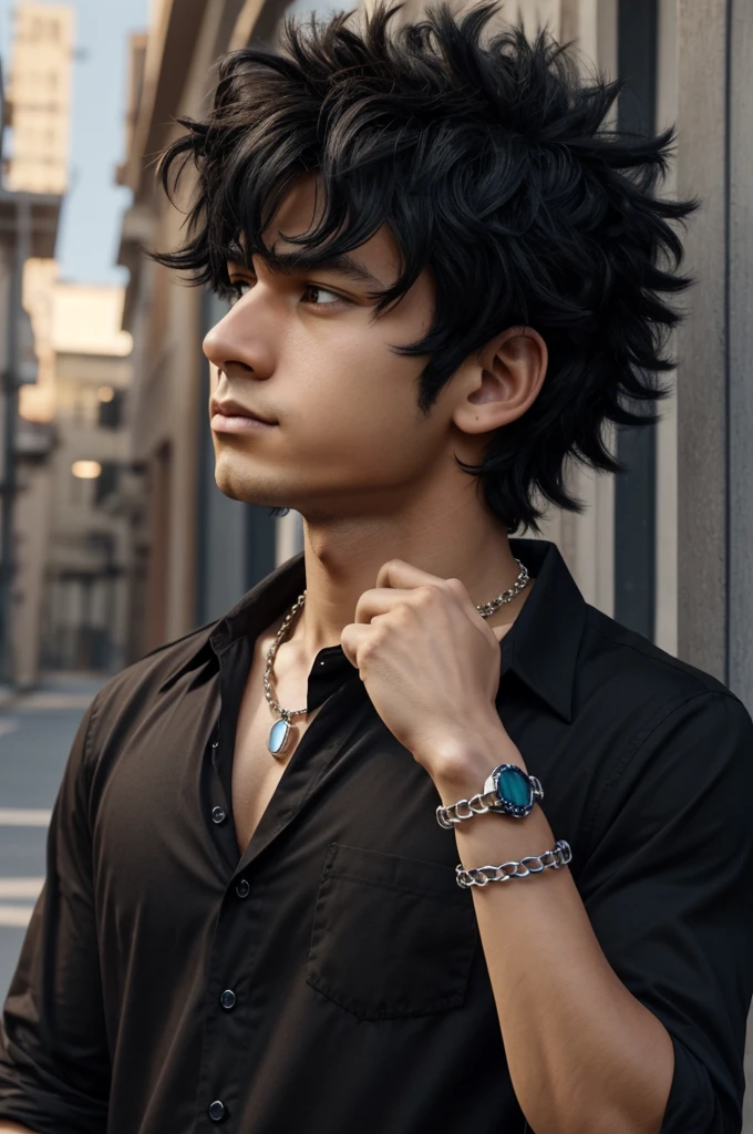 Screenshot, animation my hero academia, Cute boy, short hair, wavy fur, black hair color, slanted eyes, dark brown eyes, serious expression, profile look, wearing a dark loose shirt, wearing necklaces, wearing bracelet, posing with one hand in a V shape.